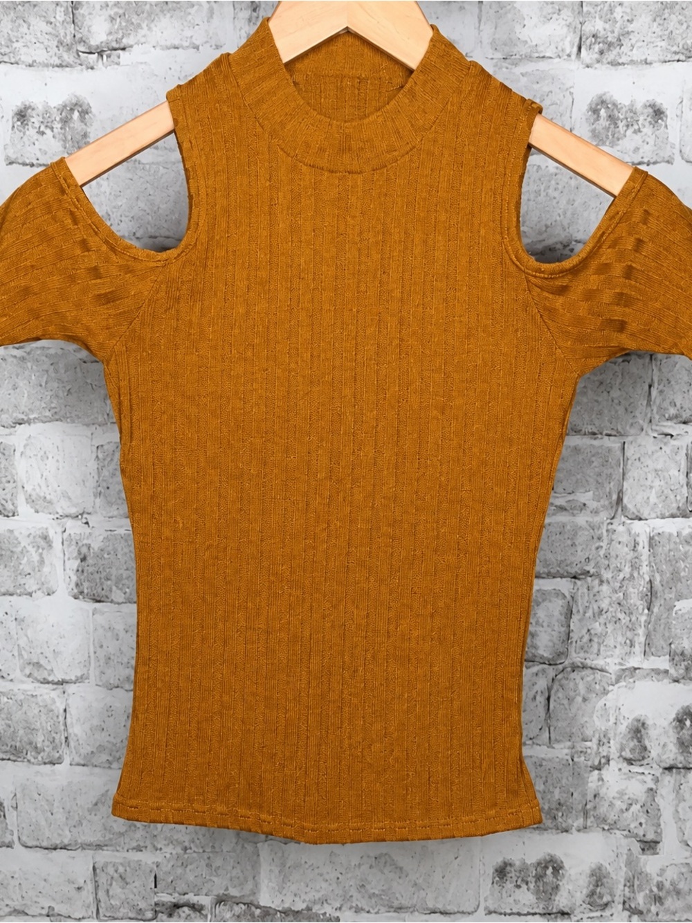 Kendall & Kylie (XS) Sweater Cold Shoulder Short Sleeve Top- Mustard Yellow
